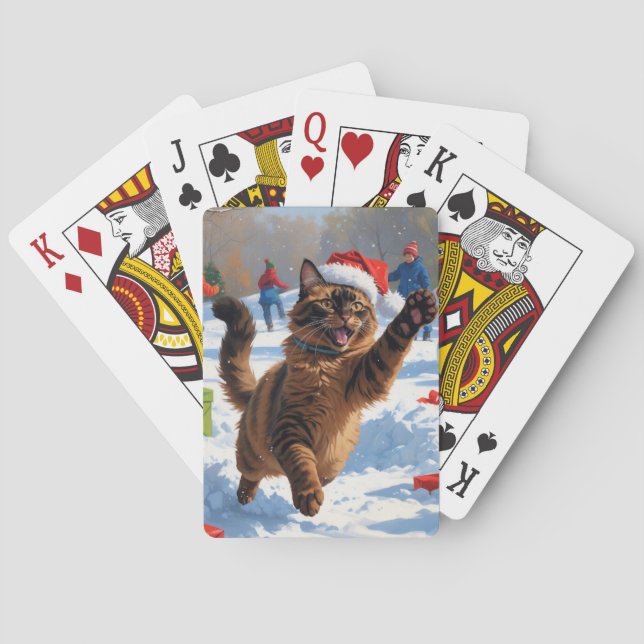 Baraja De Cartas Navidades gatos abisinos celebran escena de nieve (Reverso)