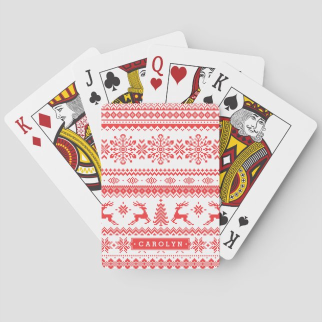 Baraja De Cartas Navidades suéter rojo liso monograma de patrón (Reverso)