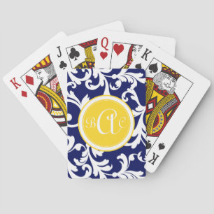 Baraja De Cartas Navy Blue and Yellow Monogrammed Damask Print