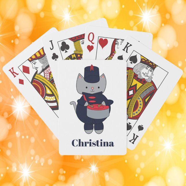 Baraja De Cartas Navy Blue Red Marching Band Drum Cat Personalize (A deck of playing cards with a cat playing the snare drum in a navy blue & red marching band uniform)