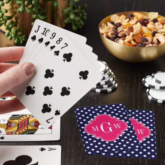 Baraja De Cartas Navy Whats Polka Dot Raspberry Quatrefoil 3 Monogr (In Situ)