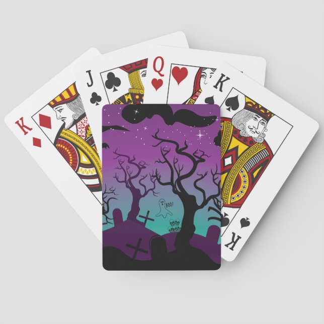 Baraja De Cartas Negro del cementerio, púrpura, turquesa Halloween (Reverso)