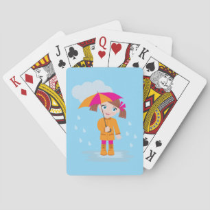 Baraja De Cartas Niña Pequeña en Impermeable Naranja con Paraguas R