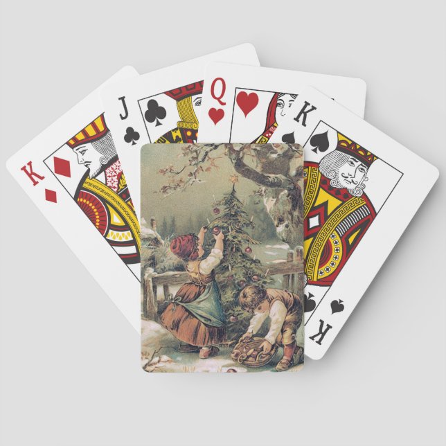 Baraja De Cartas Niños decorando la nieve del árbol de Navidad (Reverso)