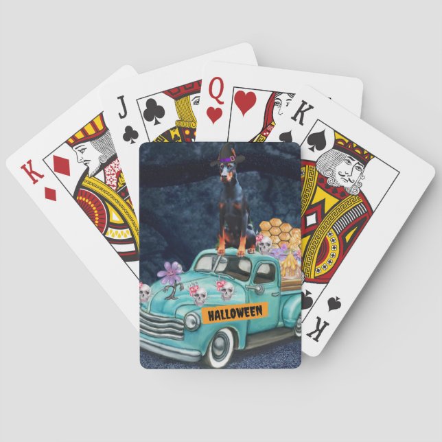 Baraja De Cartas Noche de miedo del camión Doberman Dog Halloween (Reverso)