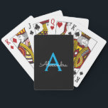 Baraja De Cartas Nombra de monograma de guión azul negro<br><div class="desc">Cartas de juego de nombres de monograma de escritura simple negro y azul. Esto hace que el dulce perfecto cumpleaños 16,  boda,  ducha de novia,  aniversario,  ducha de bebé o fiesta de soltera sea regalo para alguien que ama el lujo glam y los estilos de moda.</div>