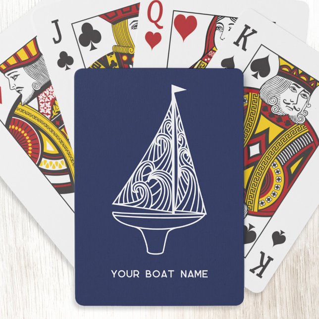 Baraja De Cartas Nombramiento de barco de vela Nautical Naval Blue (Your boat name custom text sailing boat yacht navy blue playing cards)