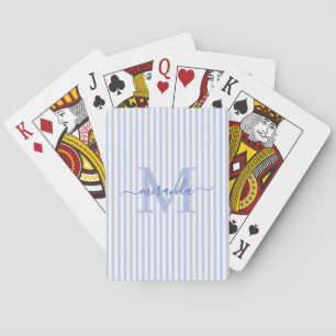 Baraja De Cartas Nombre con Monograma de Rayas Azules y Blancas