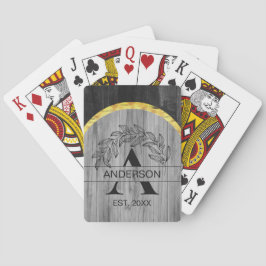 Baraja De Cartas Nombre de familia Rústico Madera Gris Monograma Or