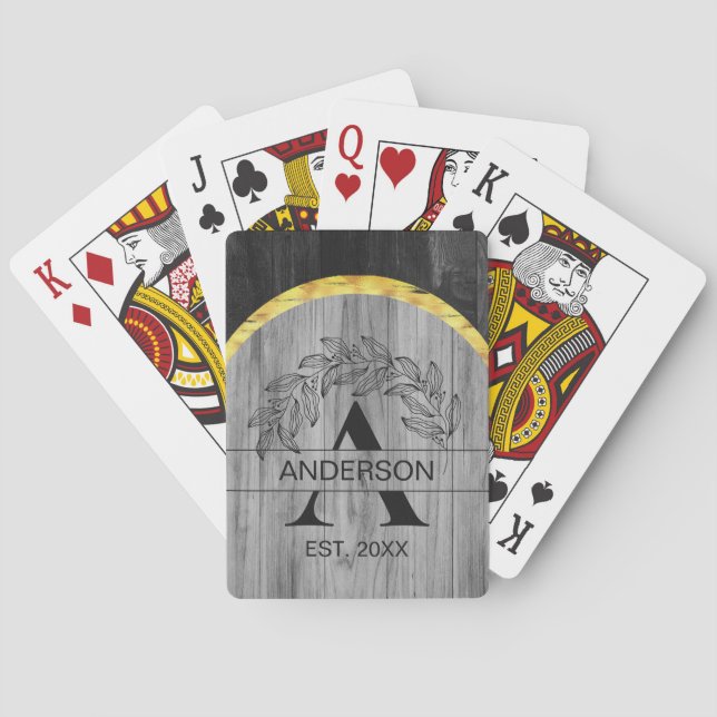 Baraja De Cartas Nombre de familia Rústico Madera Gris Monograma Or (Reverso)