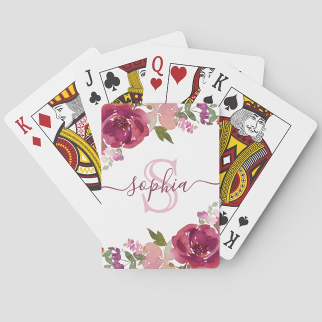 Baraja De Cartas Nombre de guión monogramado rosa morado floral (Reverso)
