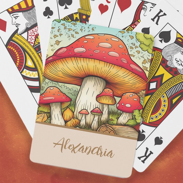 Baraja De Cartas Nombre de hongos rojos curados (Cute red mushrooms playing cards personalized with your name.)