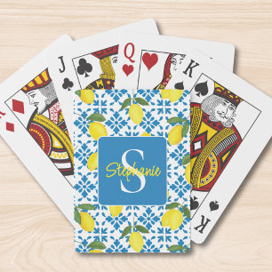 Baraja De Cartas Nombre de monograma azul patrón de limón de baldos