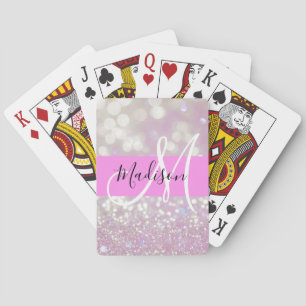 Baraja De Cartas Nombre de monograma con brillo de lila femenino