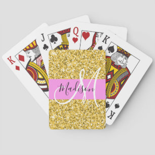 Baraja De Cartas Nombre de monograma con brillo rosa y dorado Glam