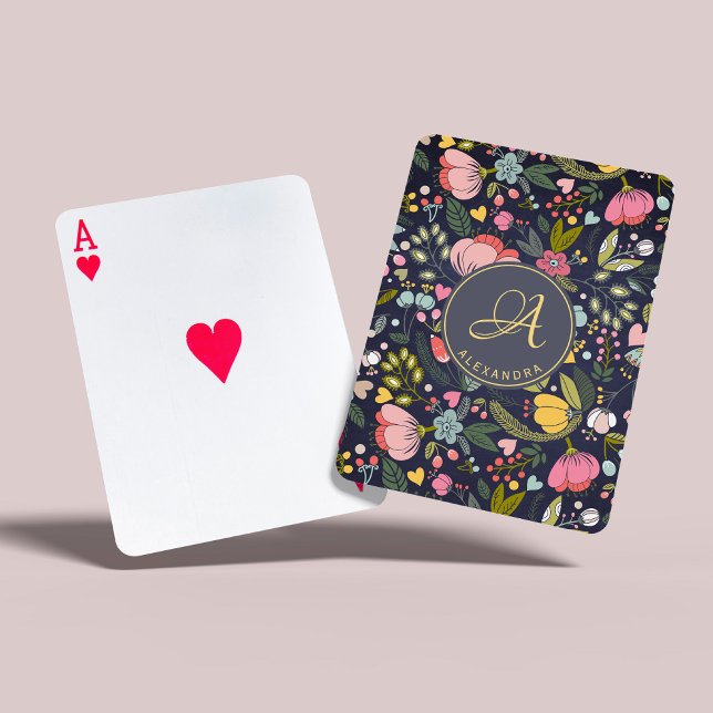 Baraja De Cartas Nombre de monograma de patrón floral gris amarillo (Subido por el creador)