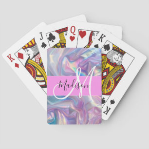 Baraja De Cartas Nombre de monograma holográfico iridiscente rosa f