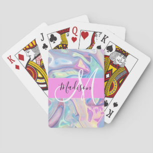 Baraja De Cartas Nombre de monograma holográfico iridiscente rosa f