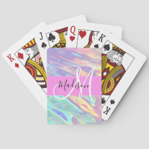 Baraja De Cartas Nombre de monograma holográfico iridiscente rosa f