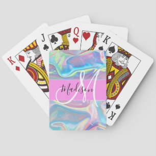 Baraja De Cartas Nombre de monograma holográfico iridiscente rosa f