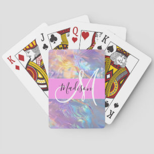 Baraja De Cartas Nombre de monograma holográfico iridiscente rosa f