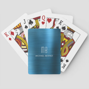 Baraja De Cartas Nombre de monograma metálico cepillado azul elegan
