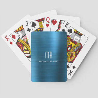 Baraja De Cartas Nombre de monograma metálico cepillado azul elegan