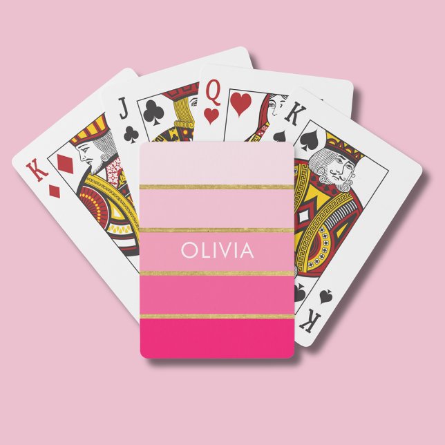 Baraja De Cartas Nombre de oro y rosa caliente brillante personaliz (Pink and gold stripe personalized playing cards)