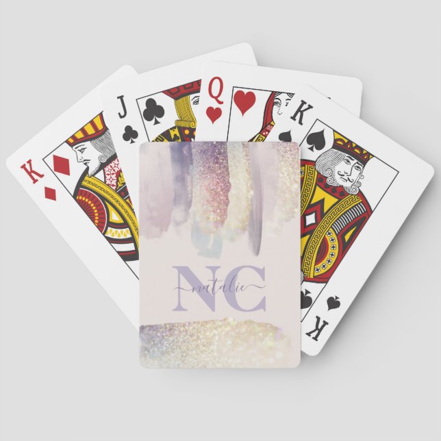 Baraja De Cartas Nombre inicial del purpurina rosa morado brillante (Reverso)