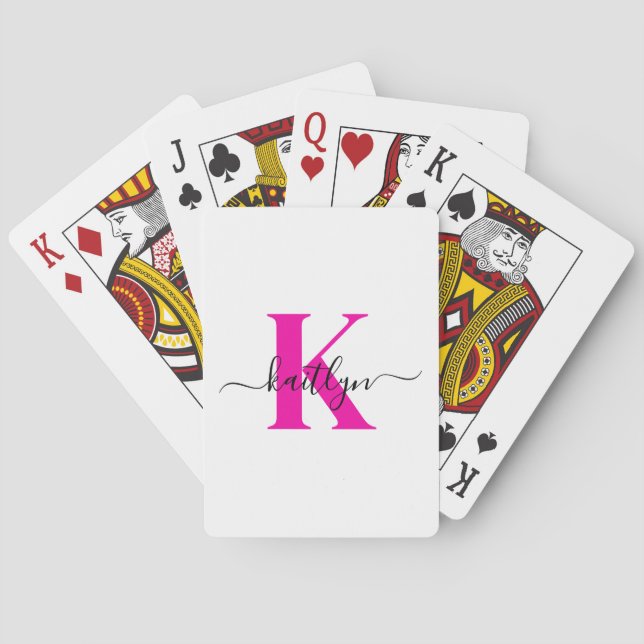 Baraja De Cartas Nombre inicial negro rosado caliente monogramado (Reverso)
