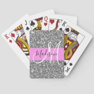 Baraja De Cartas Nombre Monograma Destellos Brillo Rosa y Plata Gla