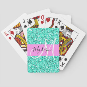 Baraja De Cartas Nombre Monograma Destellos Brillo Turquesa Rosa Gl
