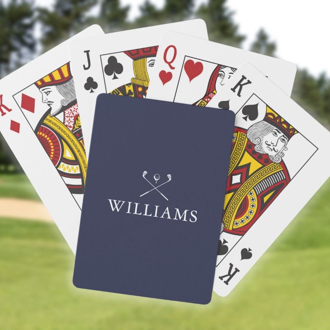 Baraja De Cartas Nombre Personalizado Club De Golf Azul Y Blanco De (Personalized Name Navy Blue And White Golf Clubs Playing Cards)