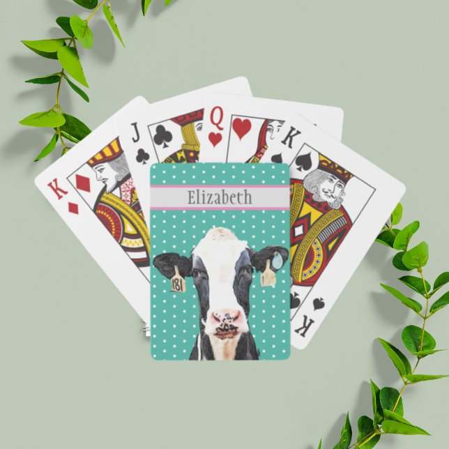 Baraja De Cartas Nombre personalizado de animal de vaca lechera de  (Holstein cow playing cards on a pretty blue teal background.)