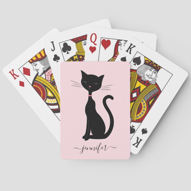 Baraja De Cartas Nombre personalizado de gato de moda negro rosado (Reverso)