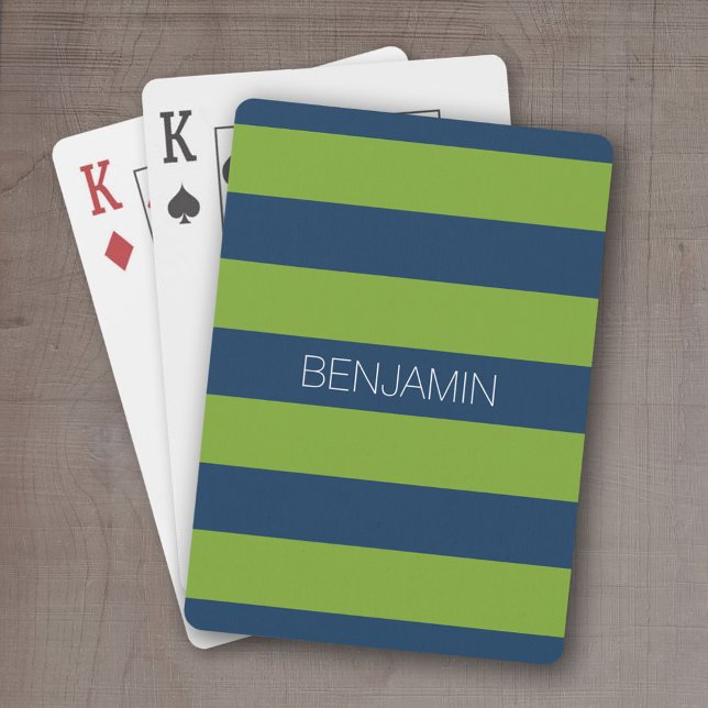 Baraja De Cartas Nombre personalizado de las franjas de rugby azul  (Personalized playing cards - sporty, preppy stripe pattern with name. Great gift for the guys!)