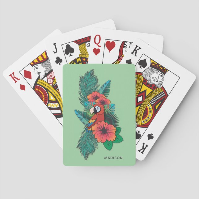 Baraja De Cartas Nombre personalizado de loro tropical (Reverso)