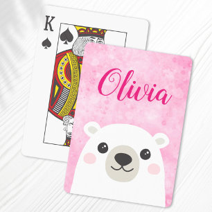 Baraja De Cartas Nombre personalizado del oso polar blanco rosado