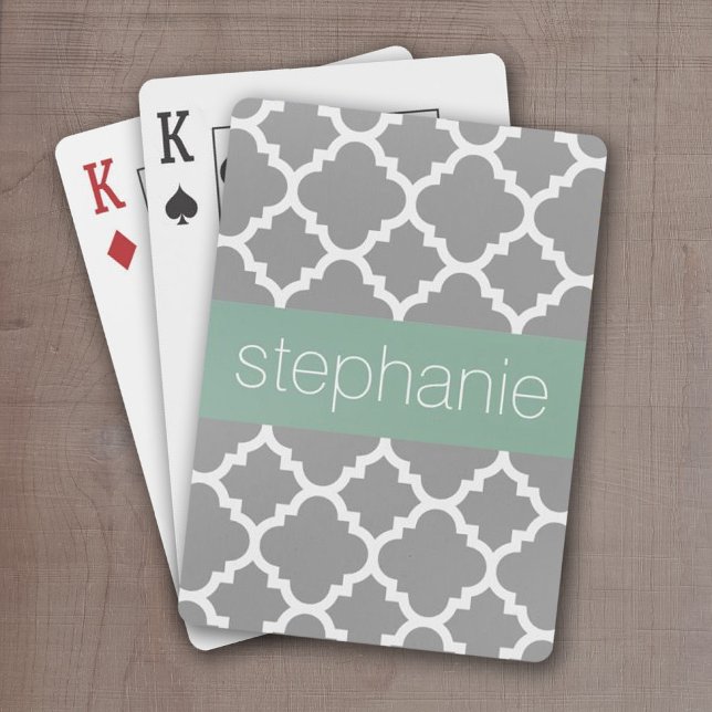 Baraja De Cartas Nombre personalizado del patrón de quatrefoil de l (Add a name or monogram to these personalized poker cards.)