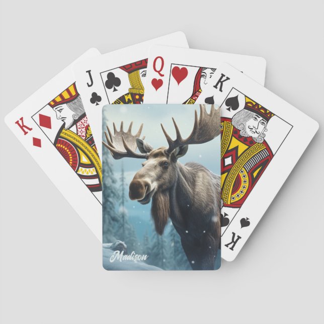 Baraja De Cartas Nombre personalizado Moose de invierno (Reverso)
