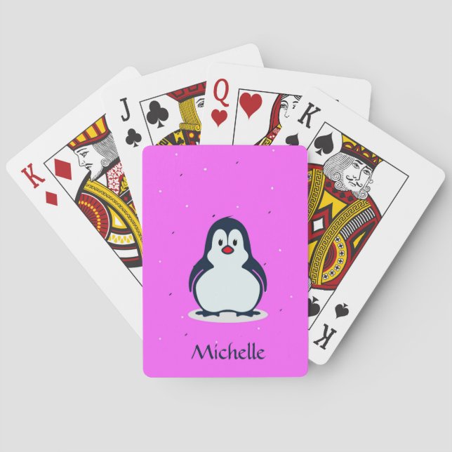 Baraja De Cartas Nombre personalizado pingüino lindo en rosa (Reverso)