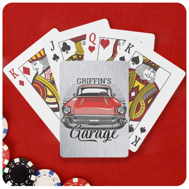Baraja De Cartas NOMBRE personalizado Retro Red Classic Car Garage (Subido por el creador)