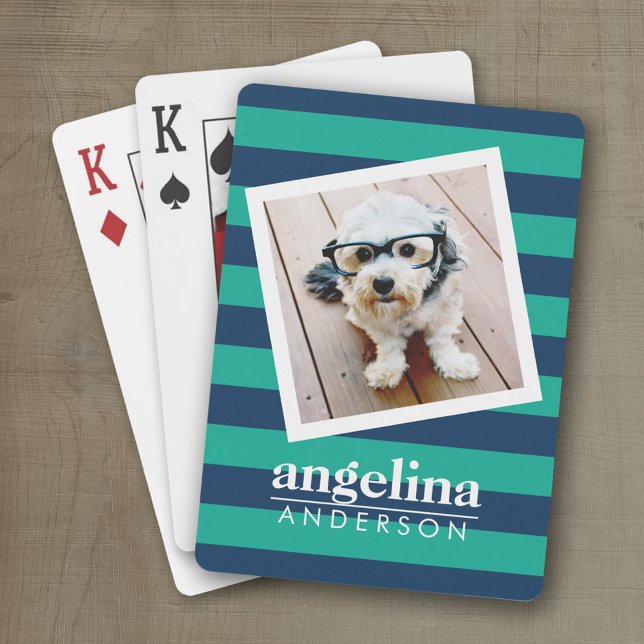 Baraja De Cartas Nombre personalizado y foto del patrón estriado co (Personalized playing cards)