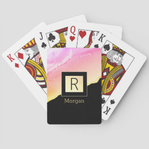 Baraja De Cartas Nombre y Monograma Negro y caja dorada Agante rosa