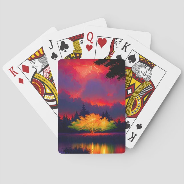 Baraja De Cartas Nubes rojas de tormenta sobre el árbol radiante (Reverso)