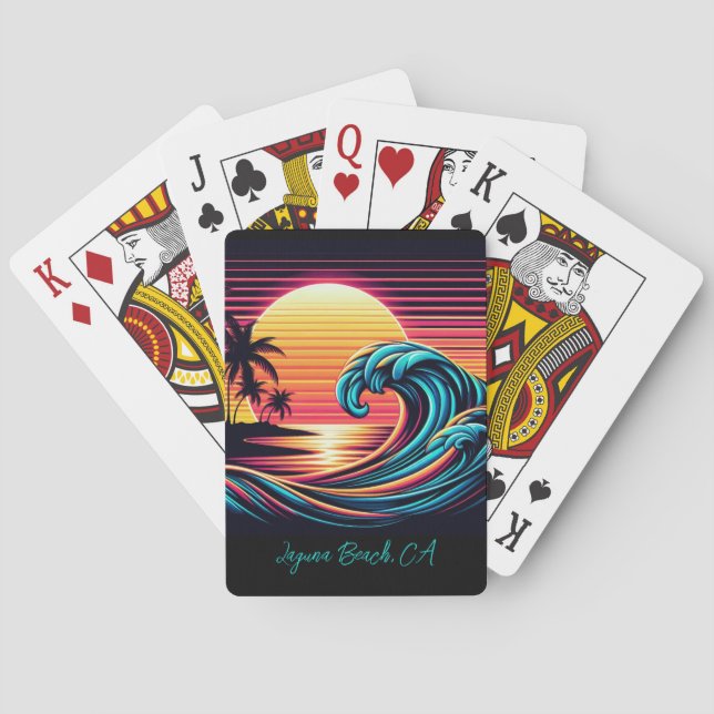 Baraja De Cartas Ola de surf Sunset Retro (Reverso)