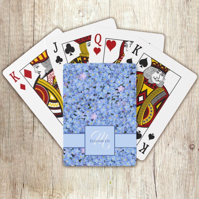 Baraja De Cartas Olvídenme No Nombre Floral Azul + Plantilla de Mon (Personalize this cute Forget Me Not blue floral design with the name and monogram template. )
