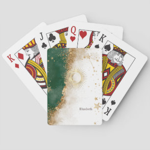 Baraja De Cartas Oro Celestial Sol Y Luna Estrellas Verde