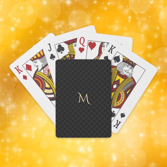 Baraja De Cartas Oro negro monogramado moderno estilo (Black Checkered Gold Monogrammed Modern Stylish Playing Cards)