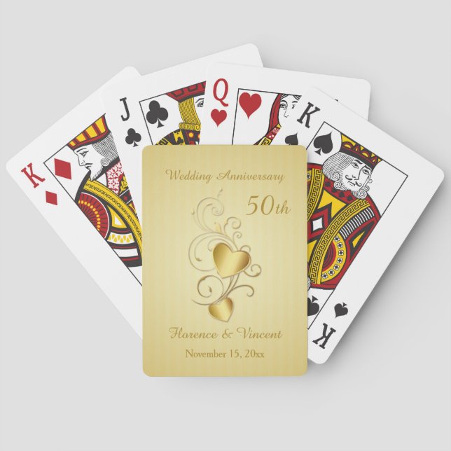Baraja De Cartas Oro unió corazones 50 Aniversario del Boda (Reverso)